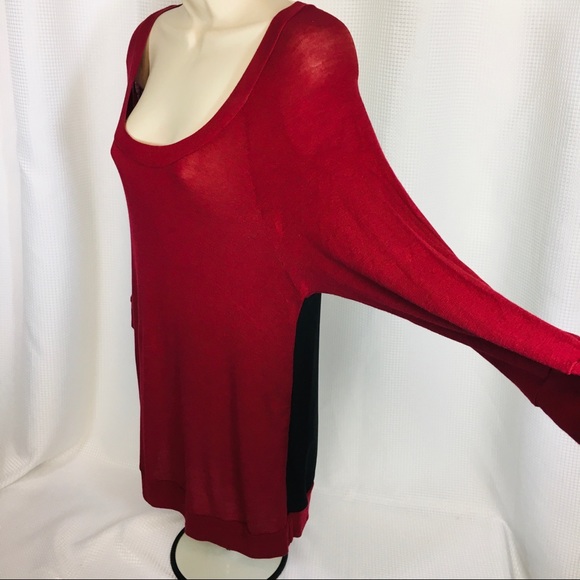 PLEIONE Burgundy Red Front & Black Back Mixed Media Top 3/4 Sleeves - Picture 1 of 9